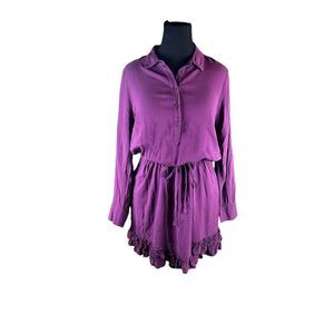 Logo lori Goldstein purple drawstring waist long sleeve ruffle trim dress M